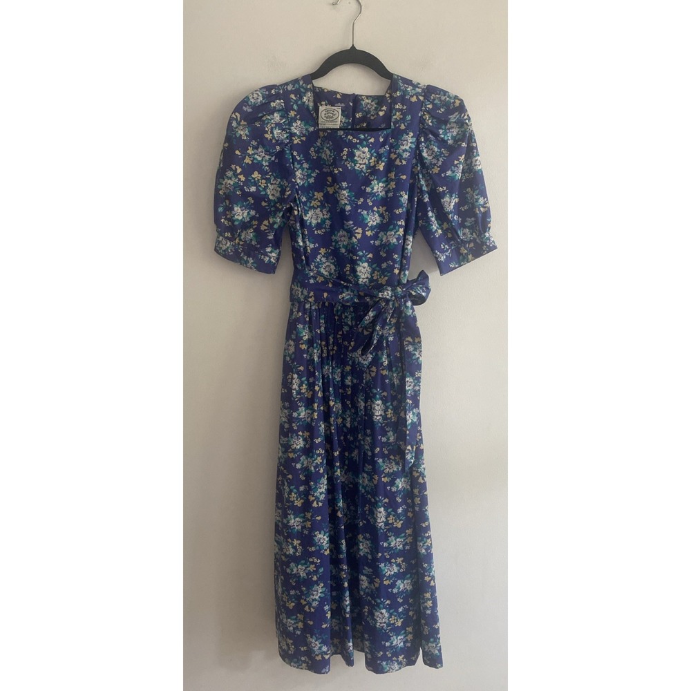 True Vintage 1980s Laura Ashley Purple Blue Floral Midi Dress Matching Tie US 6